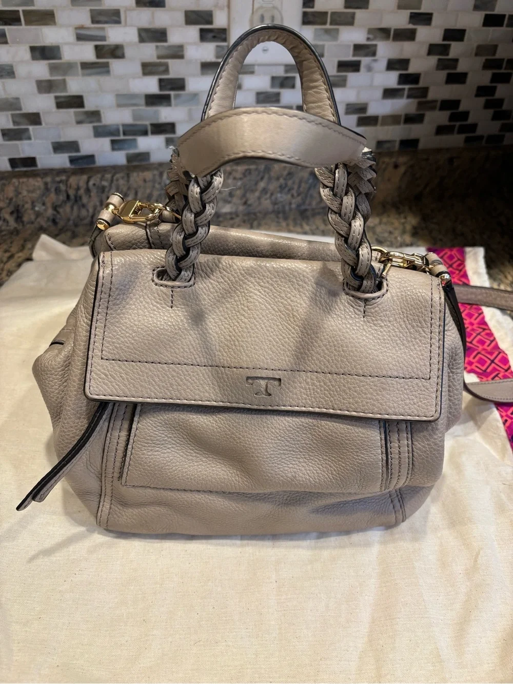 Tory Burch Neutral Taupe Braided-Handle Pebbled Leather Satchel